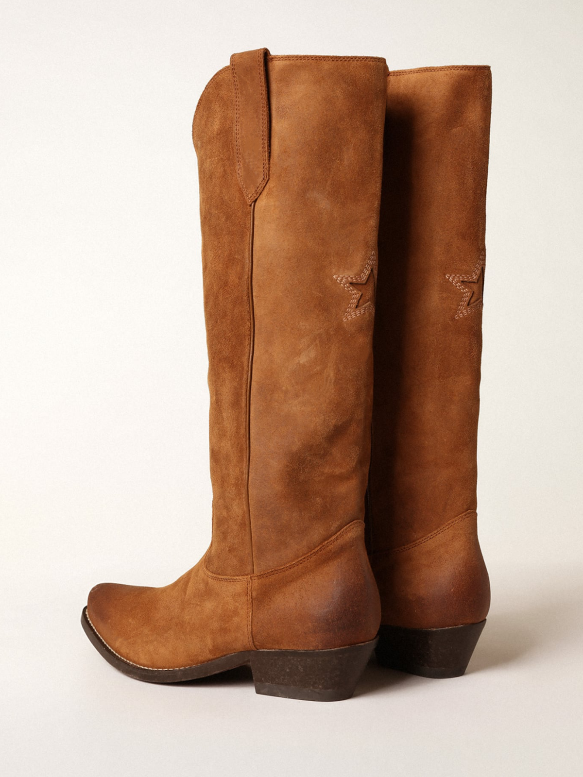 Cognac Faux Suede Snip-Toe Star Inlay Wide Calf Tall Knee High Cowgirl Boots