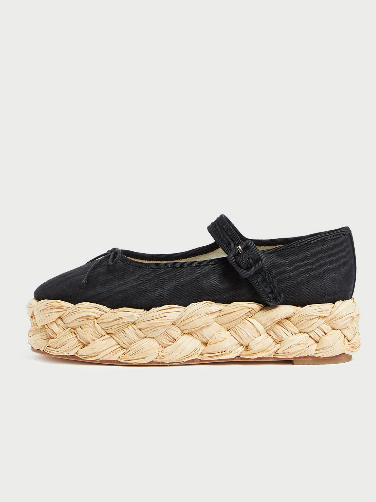 Black Cloth Almond-Toe Adjustable Bridge Strap Bow Espadrille Mary Janes Flats