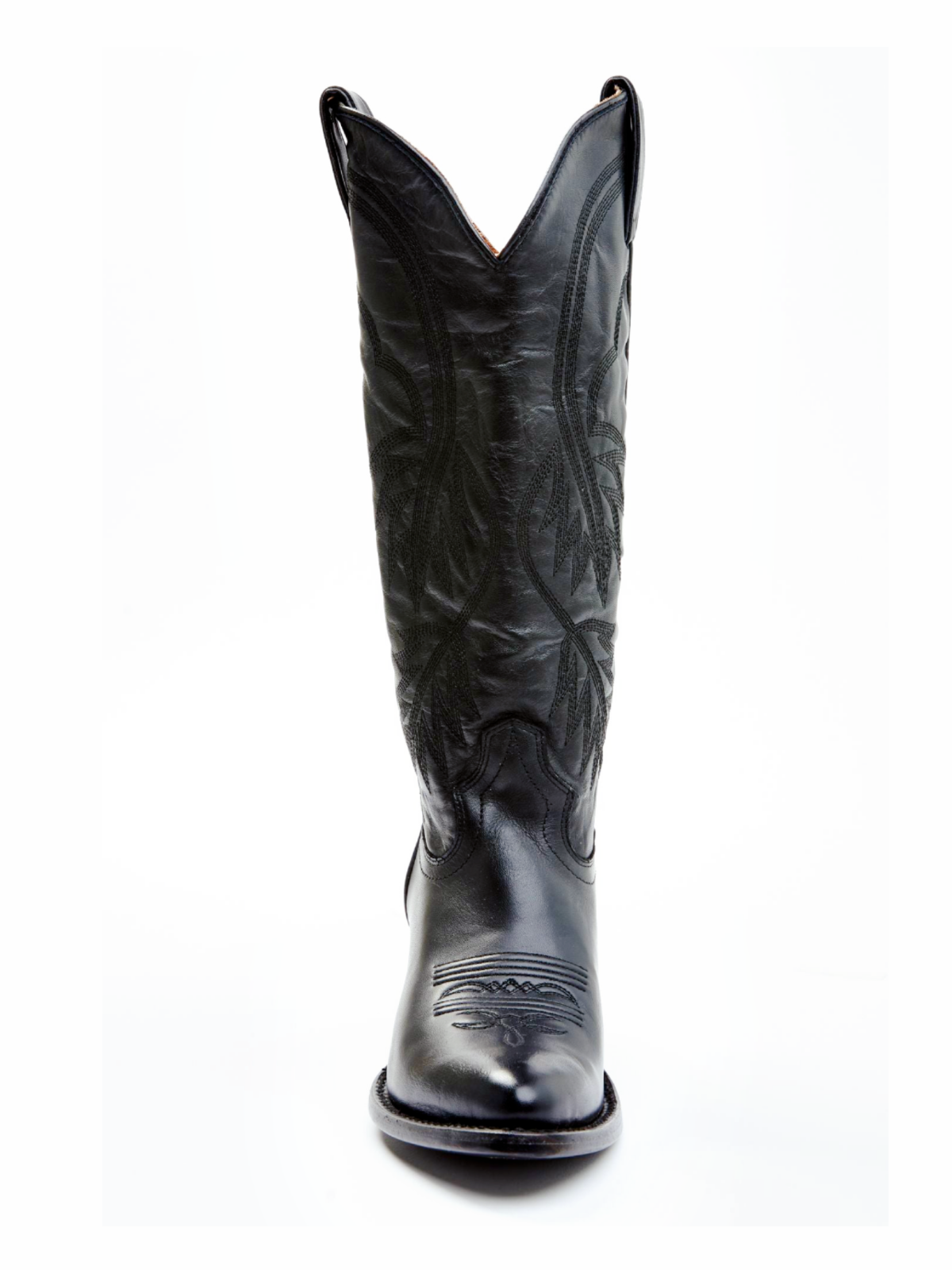 Black Almond-Toe Fallen Leaves Embroidery Wide Mid Calf Tall Cowgirl Boots