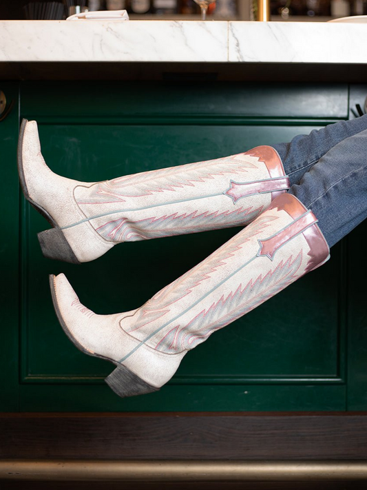 Distressed Ivory Snip-Toe Embroidery Wide Calf Knee High Cowgirl Boots