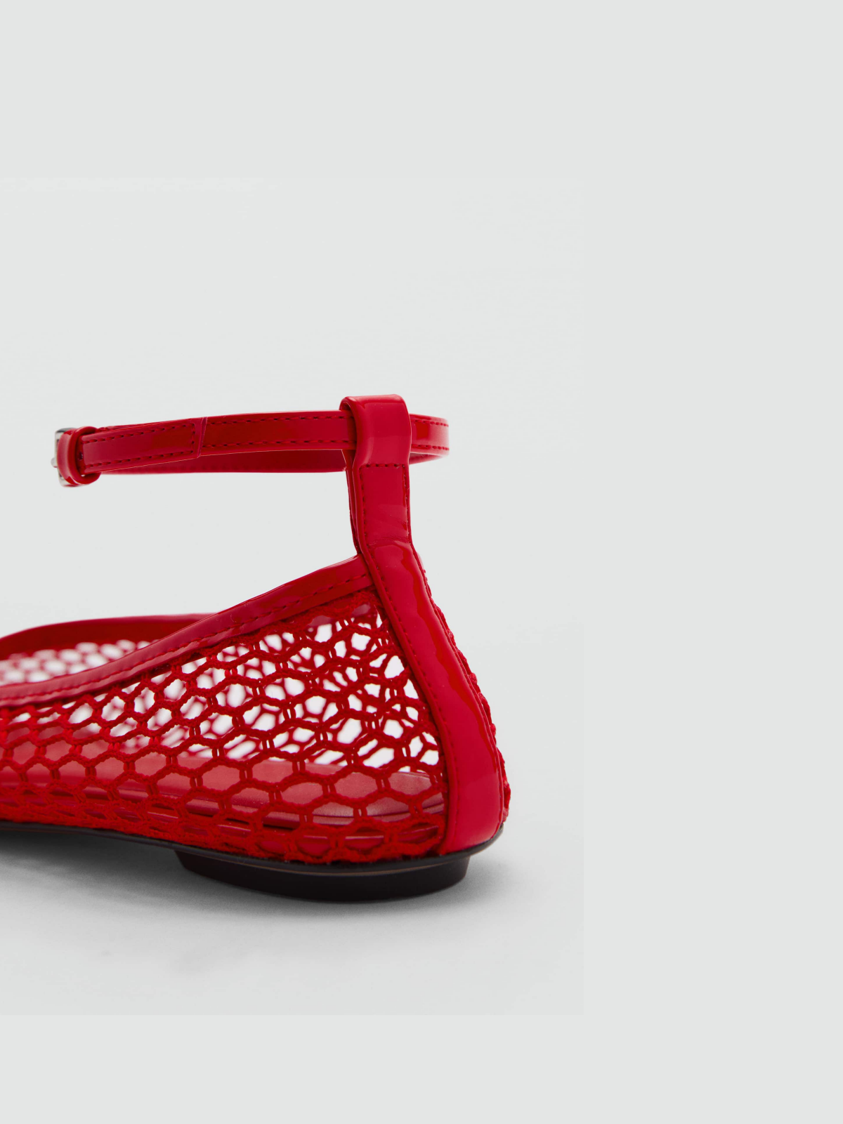 Red Fishnet Mesh Ballet Flats With Buckled Ankle Bracelet