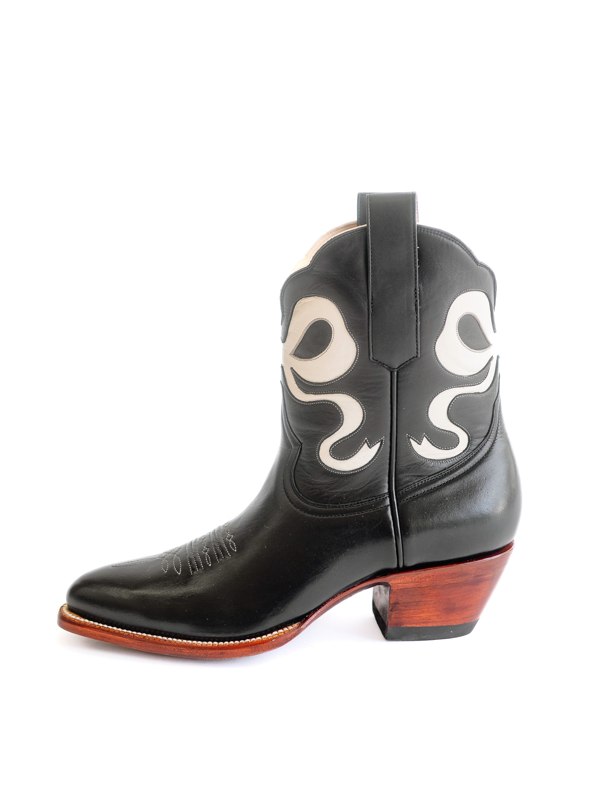 Black Almond-Toe Cowgirl Wide Mid Calf Boots With White Bowknot Inlay