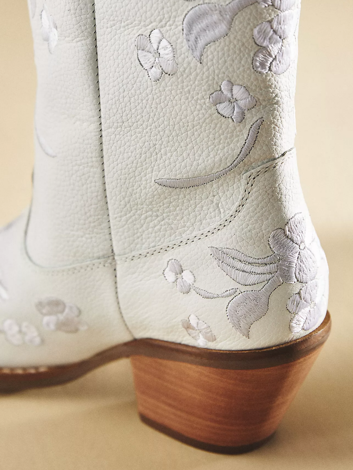 Ivory Snip-Toe Floral Embroidery Wide Mid Calf Western Boots For Women