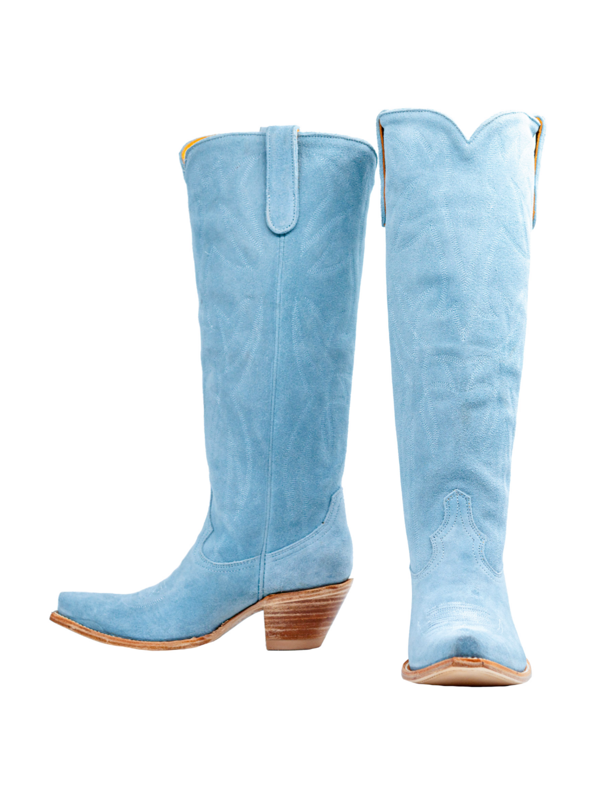 Blue Embroidery Faux Suede Snip-Toe Wide Calf Cowgirl Boots Knee High Tall Boots