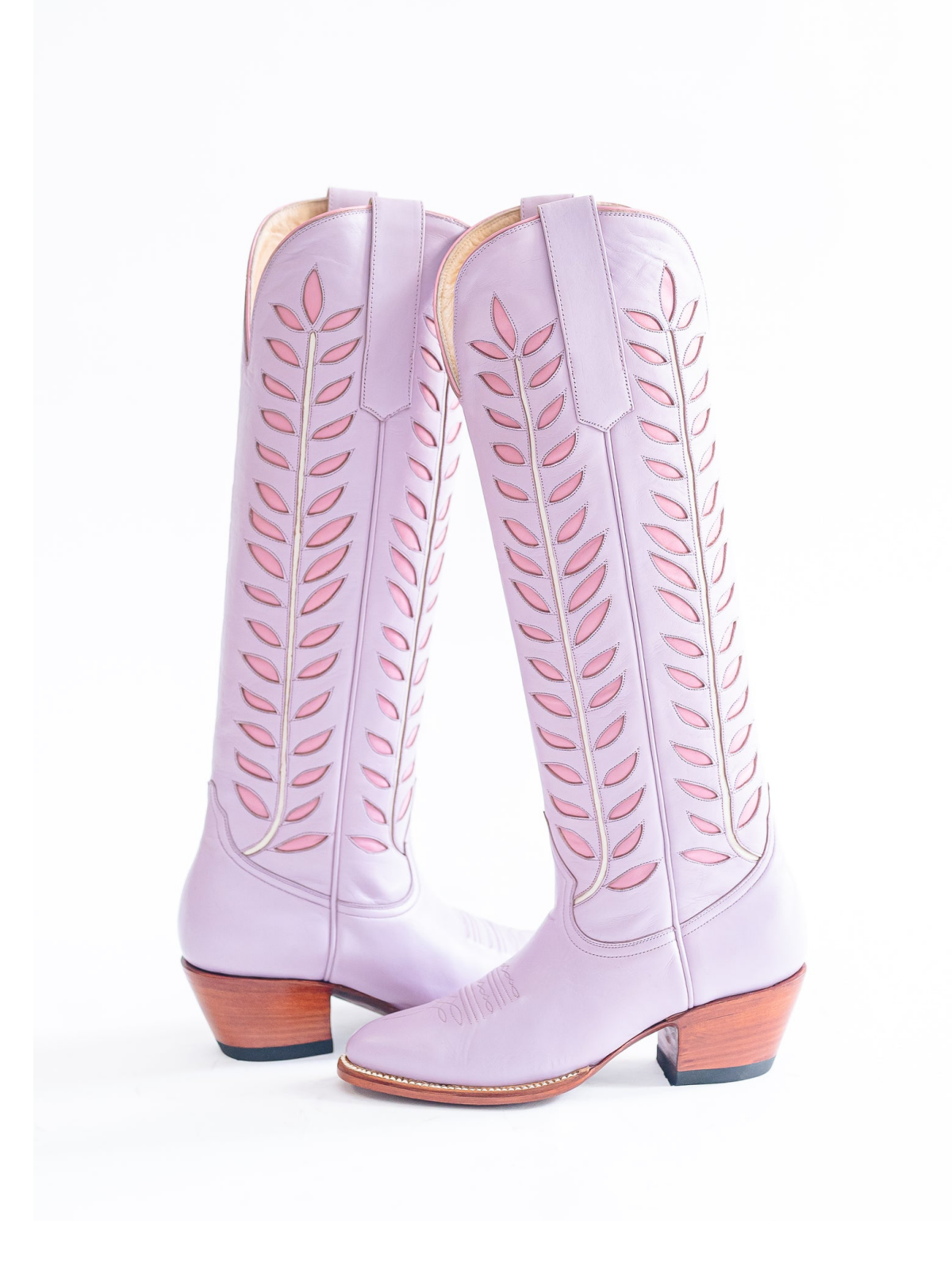 Almond-Toe Pink Leaves Inlay Wide Calf Tall Knee High Cowgirl Boots - Lavender