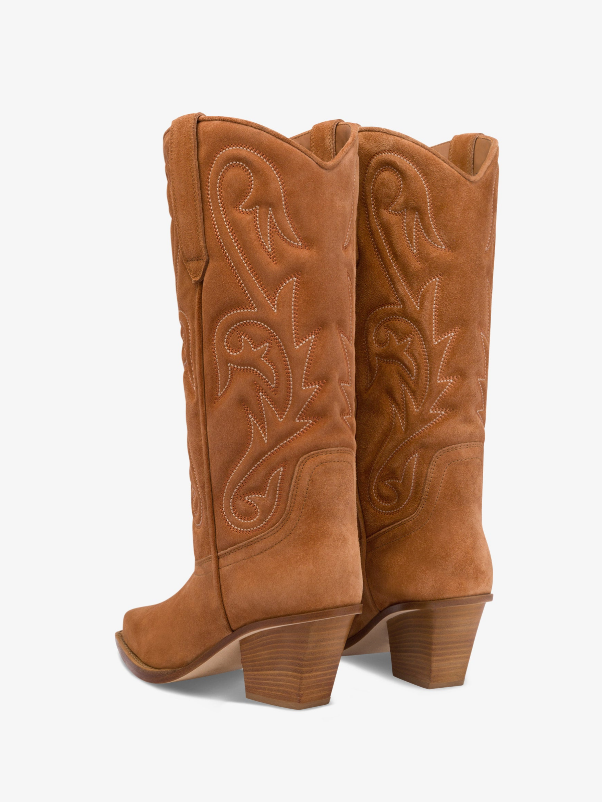 Caramel Faux Suede Snip-Toe Embroidery Wide Mid Calf Cowgirl Boots