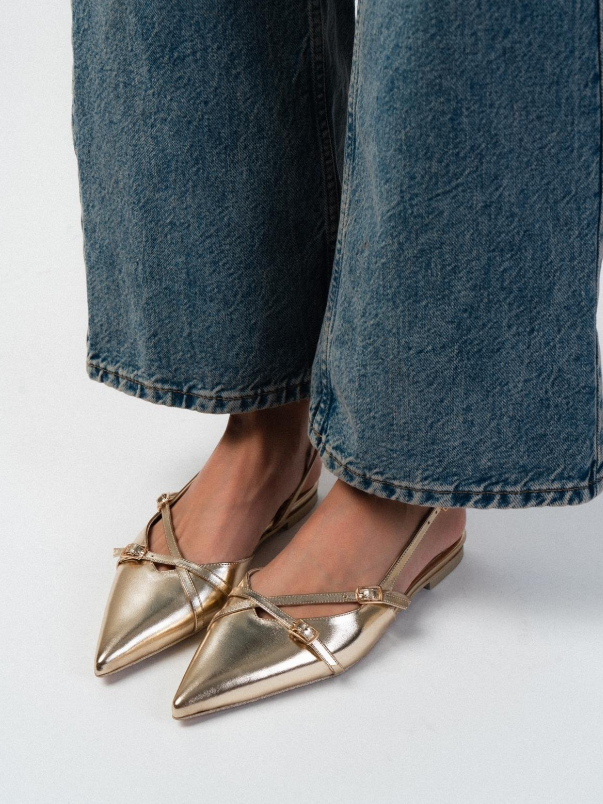 Metallic Gold Buckled Belt Detail Pointy Ballet Flats Slingbacks