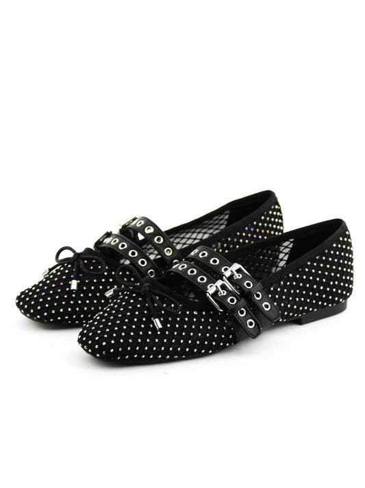 Black Fishnet Rhinestone Bow Ballet Flats Mary Janes With Grommet Eyelet Buckled Strap