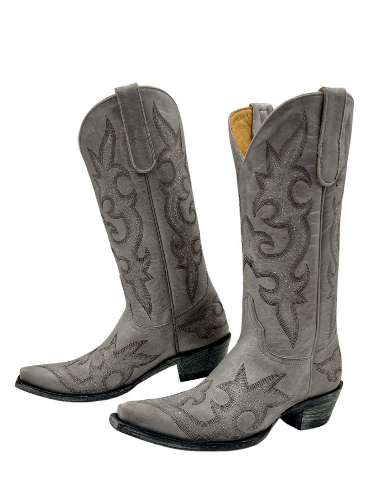 Distressed Silver Snip-Toe Embroidery Classic Wide Mid Calf Cowgirl Boots