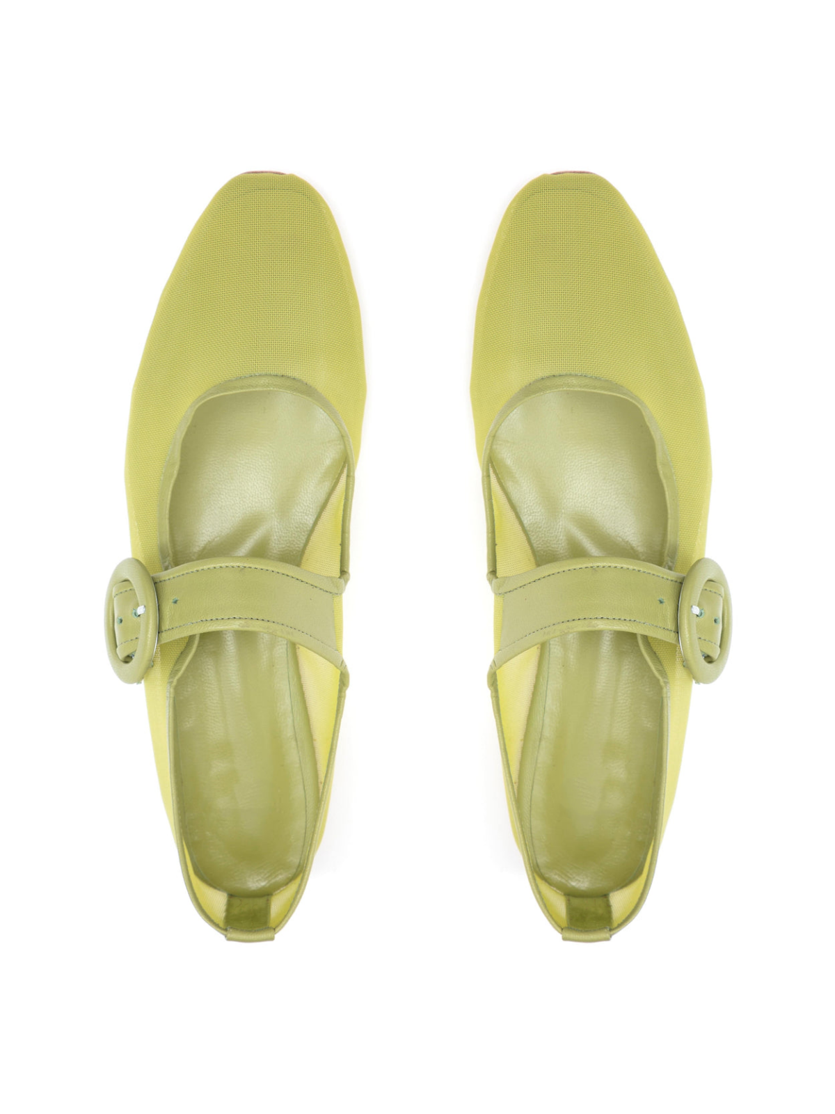 Lime Green Mesh Elongated Ballet Flats Mary Janes With Oversized Buckle