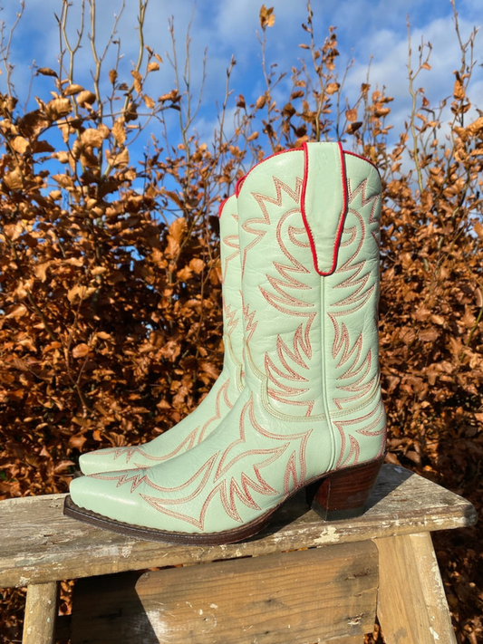 Mint Green Snip-Toe Embroidery Wide Mid Calf Cowgirl Boots