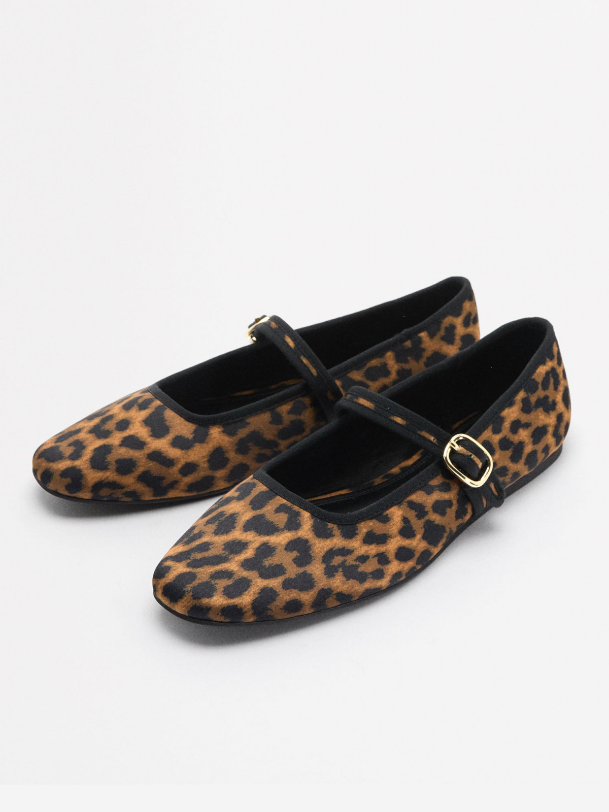 Leopard Print Cloth Square-Toe Bridge Strap Closure With Buckle Ballet Flats