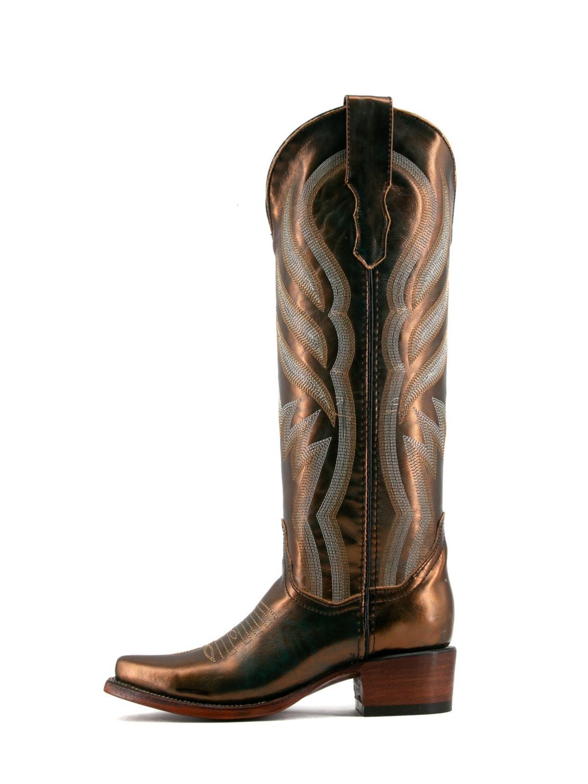 Metallic Bronze Snip-Toe Embroidery Wide Calf Tall Knee High Cowgirl Boots