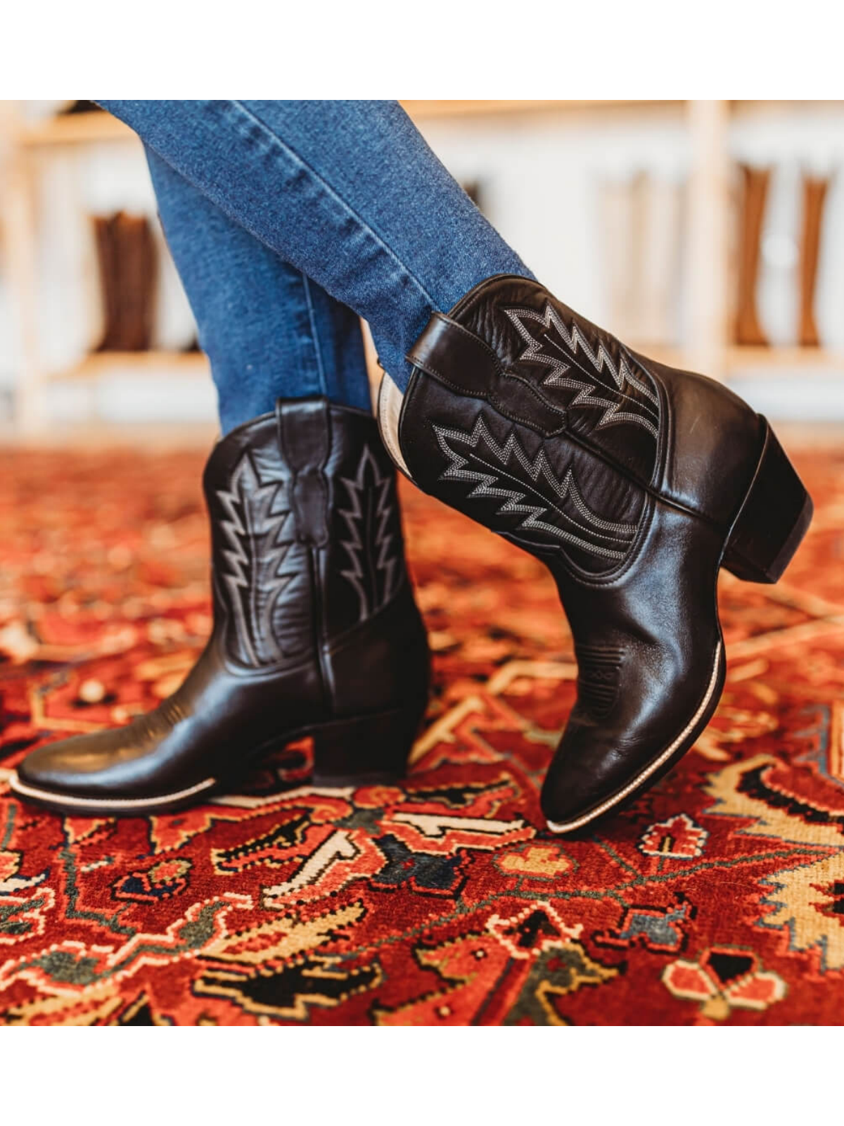 Black Almond-Toe Embroidery Wide Mid Calf Western Boots For Women