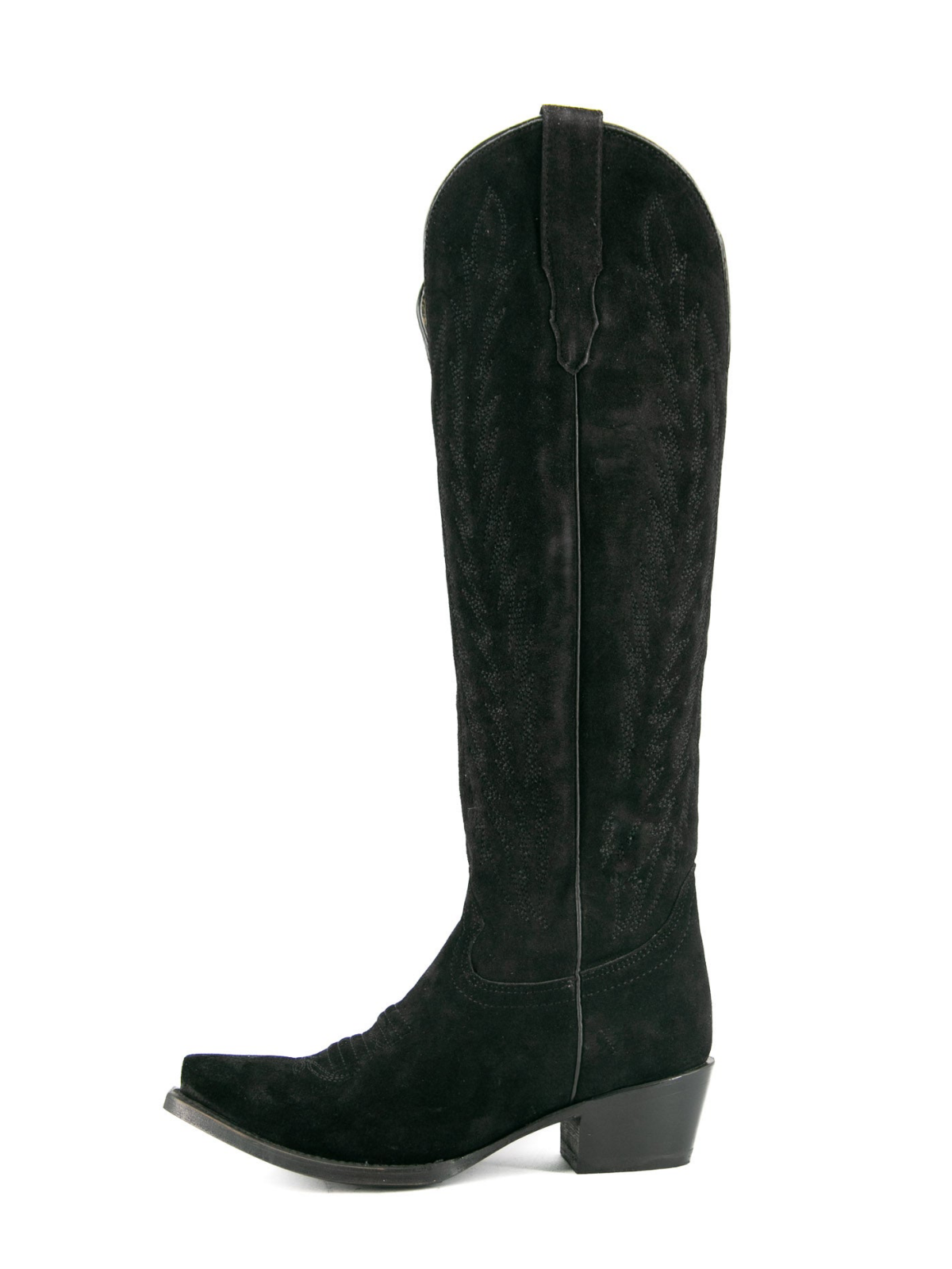 Faux Suede Snip-Toe Half-Zip Embroidery Knee High Tall Cowgirl Boots - Black