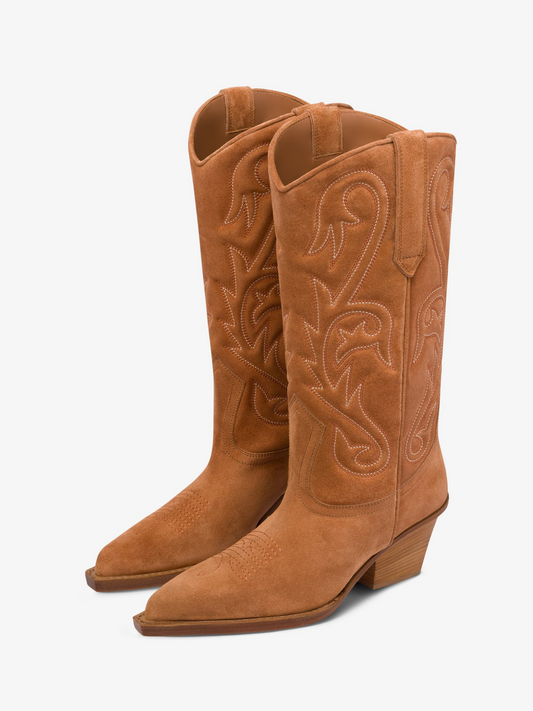 Caramel Faux Suede Snip-Toe Embroidery Wide Mid Calf Cowgirl Boots