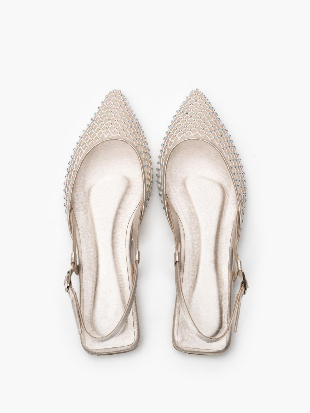 Rose Gold Iridescent Rhinestone Pointy Slingback Ballerina Flats In Satin & Fishnet