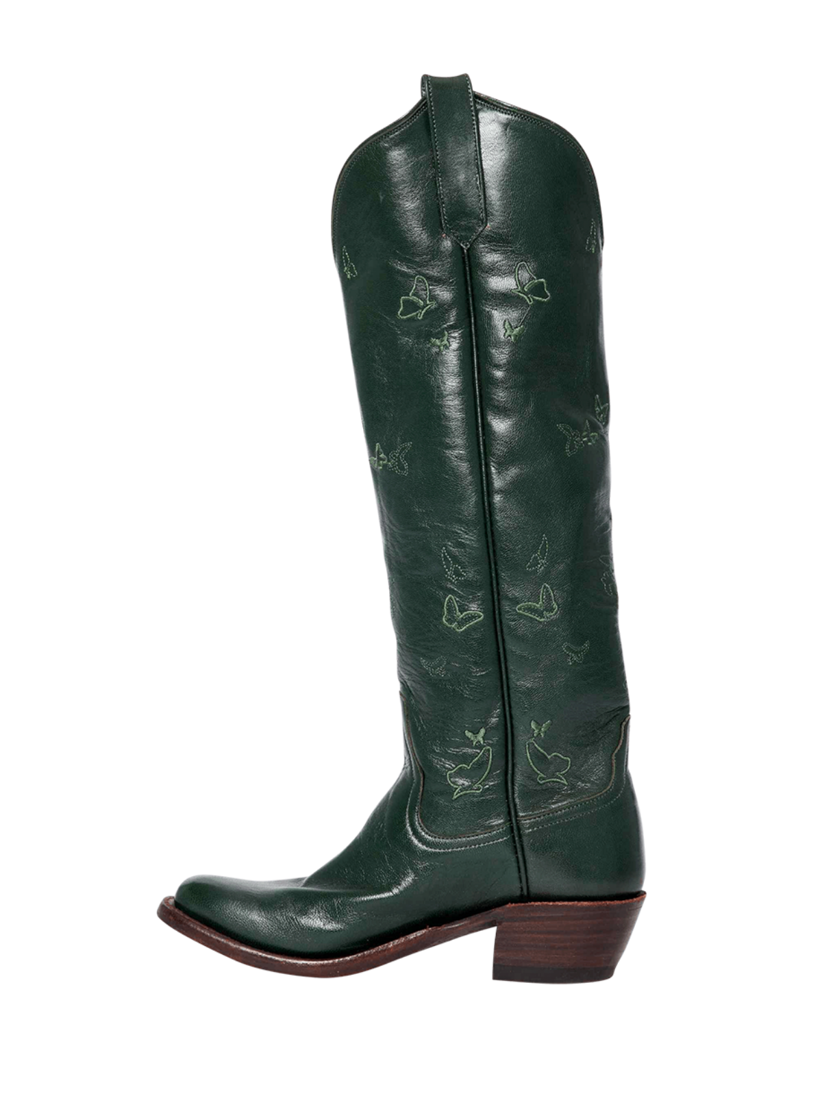 Dark Green Round-Toe Butterfly Embroidery Wide Calf Knee High Tall Cowgirl Boots