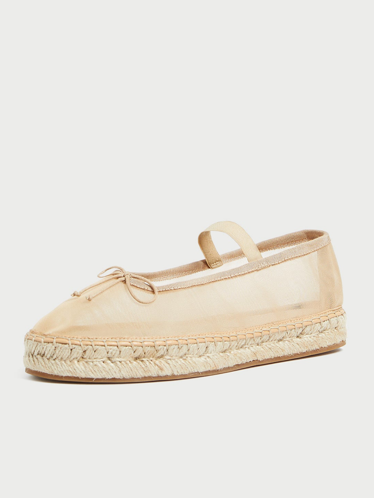 Caramel Almond-Toe Elastic Bridge Strap Mesh Bow Espadrille Ballet Flats