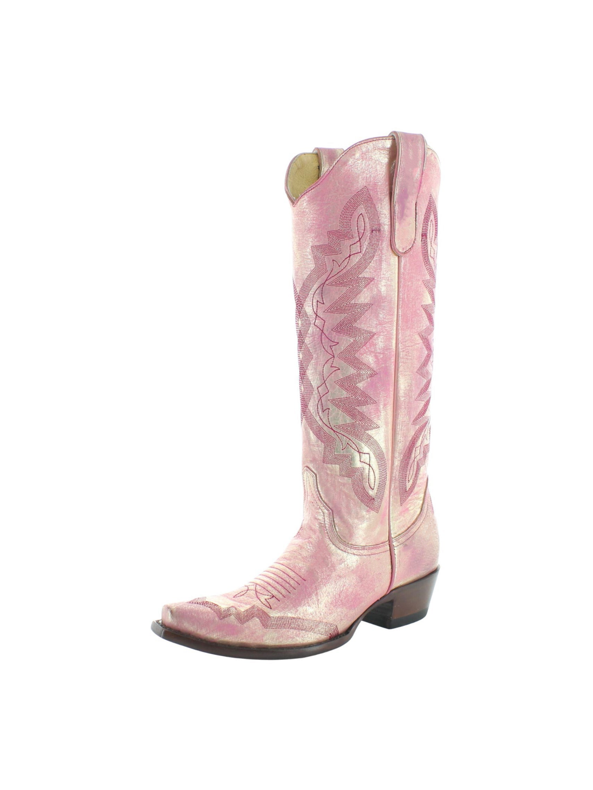 Metallic Pink And Gold Stitch Snip-Toe Cowgirl Boots Distressed Wide Calf Tall Boots