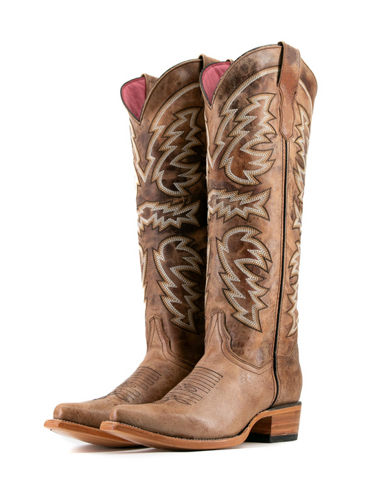 Distressed Amber Snip-Toe Embroidery Wide Calf Knee High Tall Cowgirl Boots