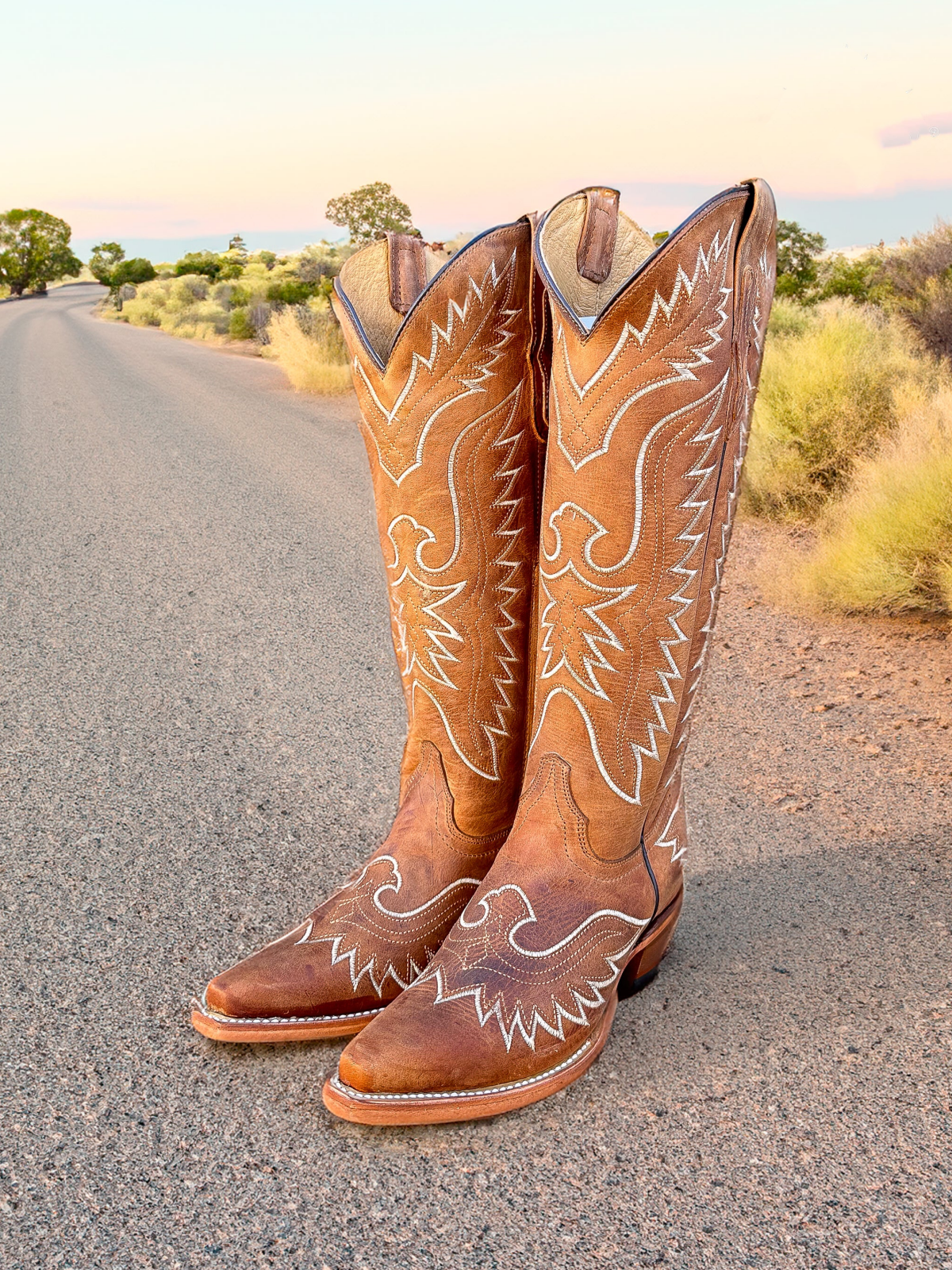 White Eagle Embroidery Snip-Toe Wide Calf Knee High Tall Cowgirl Boots - Light Brown