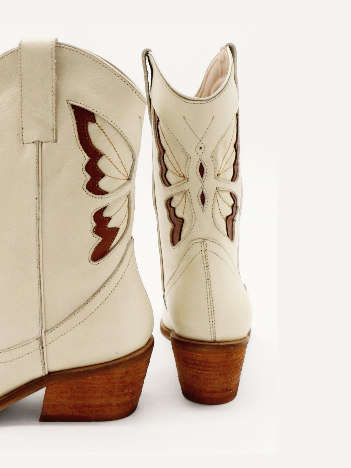 Ivory Snip-Toe Tan Butterfly Inlay Wide Mid Calf Cowgirl Boots