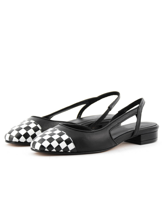 Contrast Checkerboard Low Heels Pumps with Slingback Style in Black
