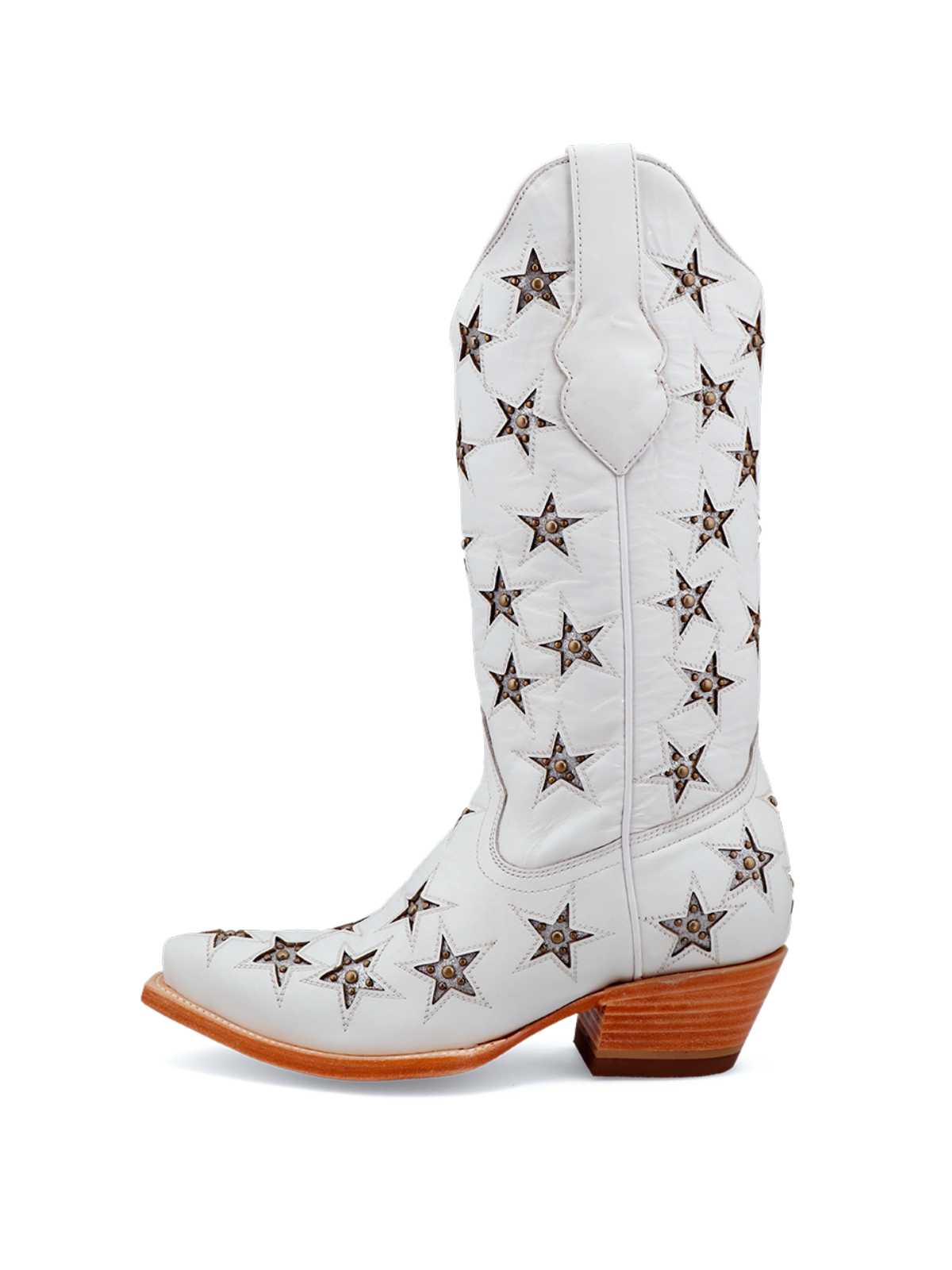 White Studded Snip-Toe Mid Calf Western Boots Cowgirl Boots With Silver Star Inlay