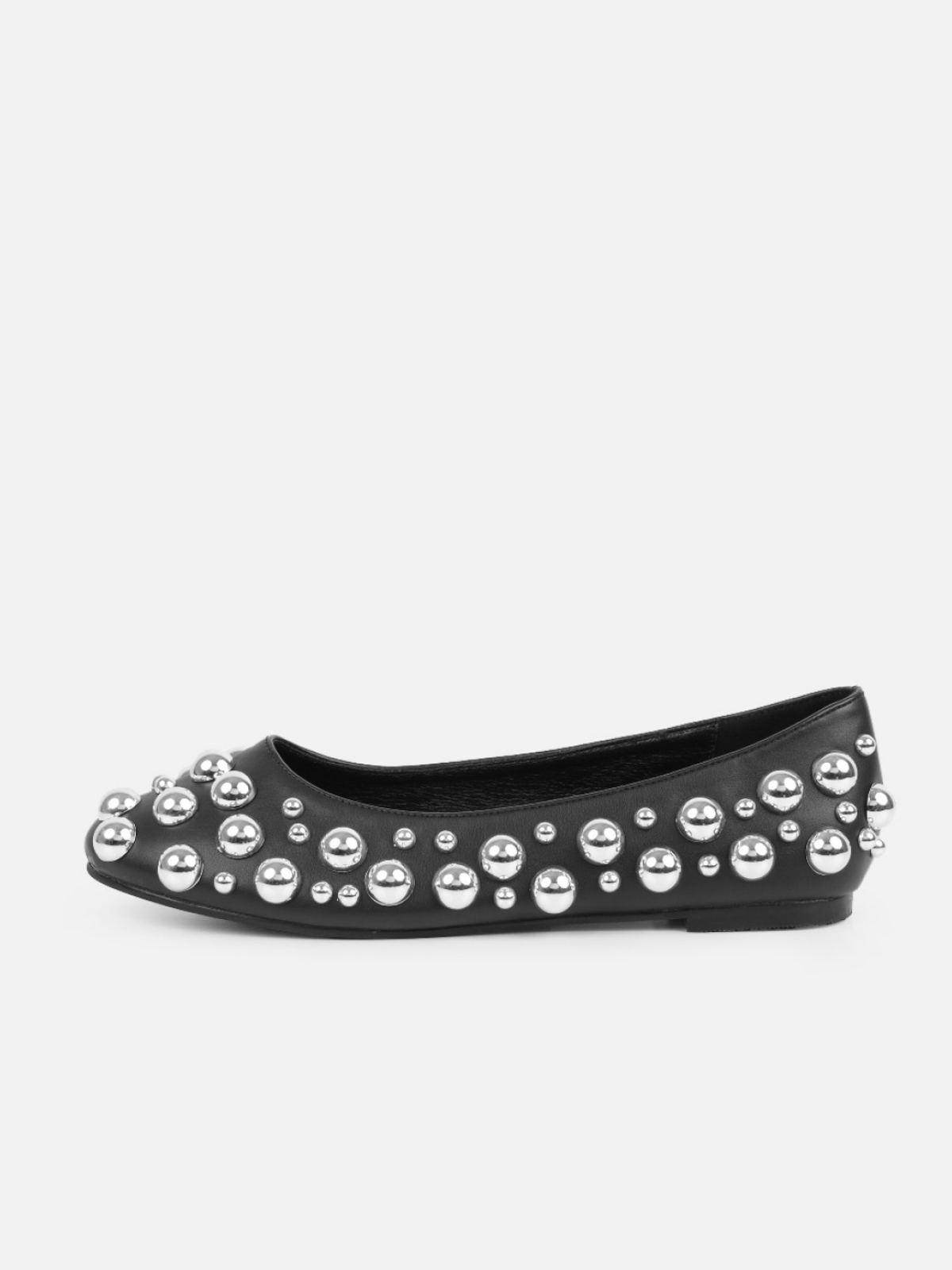 Black Studded Round-Toe Comfy Ballet Flats