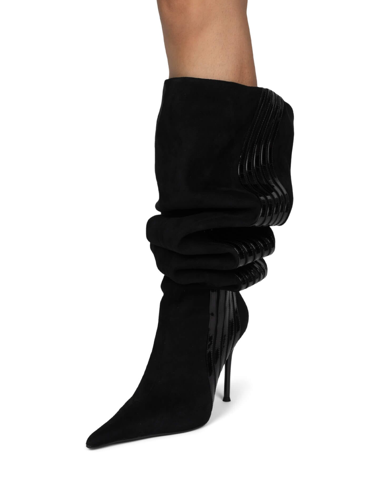 Black Pointed-Toe Slouchy Wide Calf Over-The-Knee Stiletto Boots With Patent Stripe