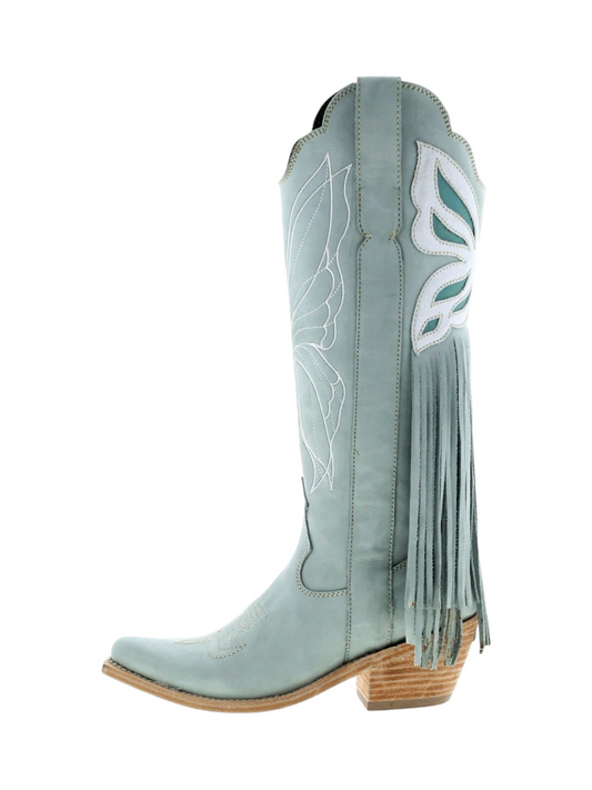 Gray Almond-Toe Butterfly Embroidery And Inlay Fringe Mid Calf Half-Zip Cowgirl Boots