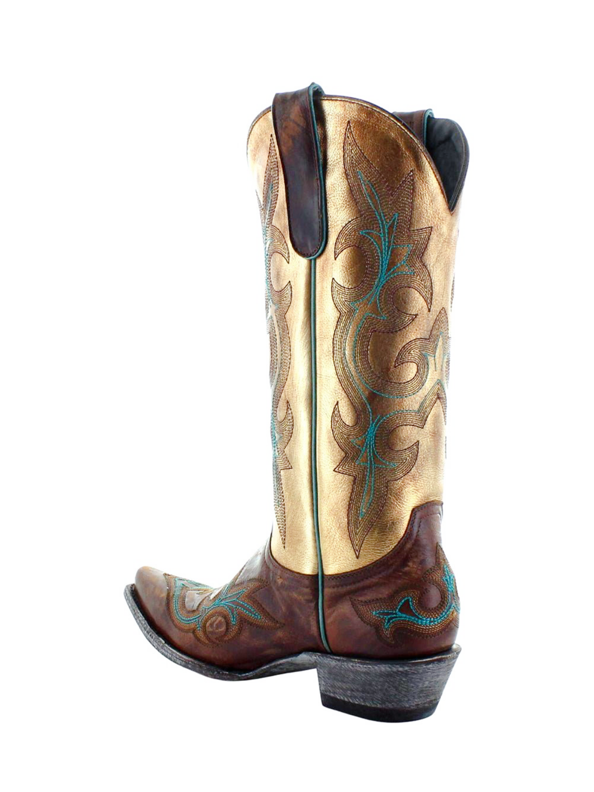 Contrast Distressed Brown And Metallic Gold Snip-Toe Embroidery Wide Mid Calf Tall Cowgirl Boots