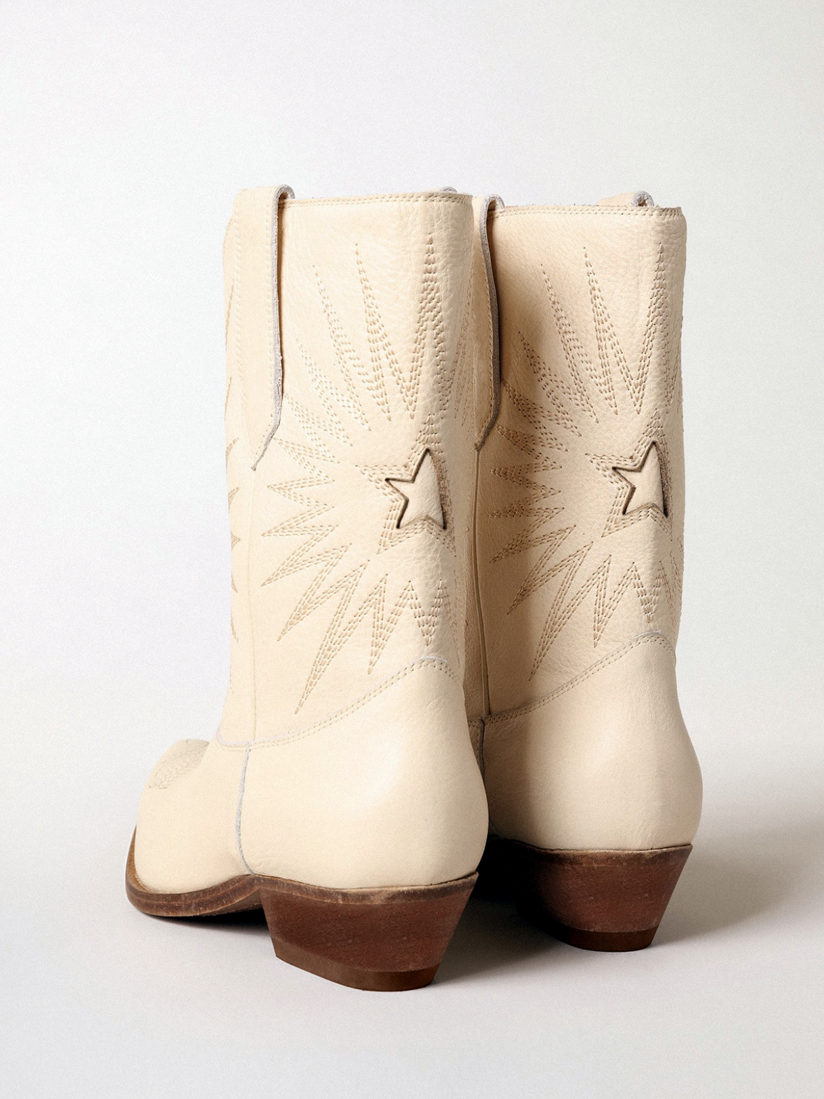 Snip-Toe Star Burst Inaly Embroidery Wide Mid Calf Cowgirl Boots - Cream