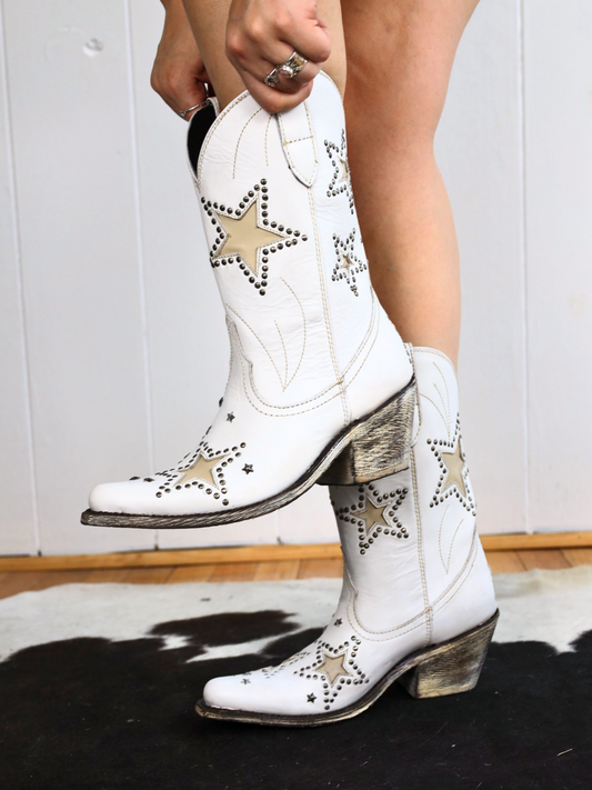 White Almond-Toe Faux Suede Star Inlay And Applique Studded Wide Mid Calf Cowgirl Boots