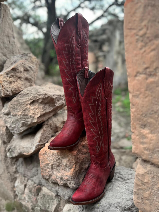 Distressed Brick Red Embroidery Studded Snip-Toe Half-Zip Cowboy Knee High Tall Boots For Women