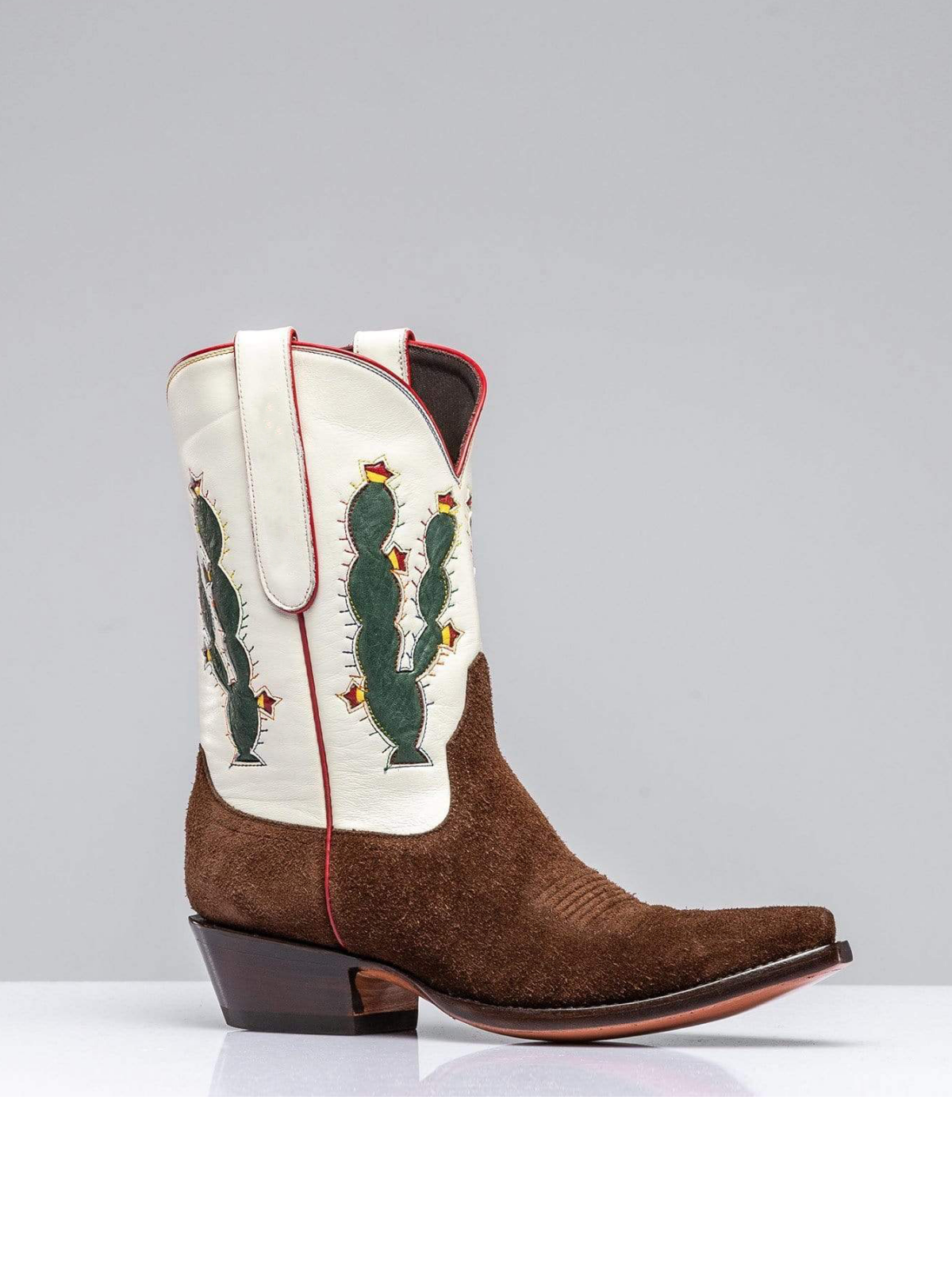 Contrast White And Chocolate Faux Suede Wide Mid Calf Cowgirl Boots With Cactus Inlay