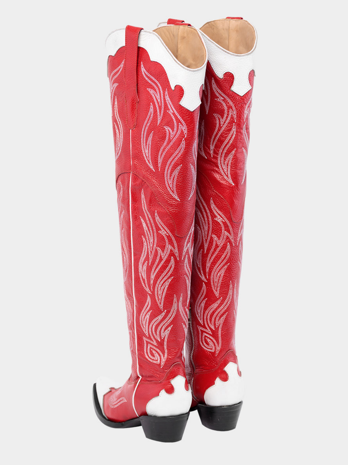 Contrast Red And White Snip-Toe Embroidery Wide Calf Over-The-Knee Western Boots