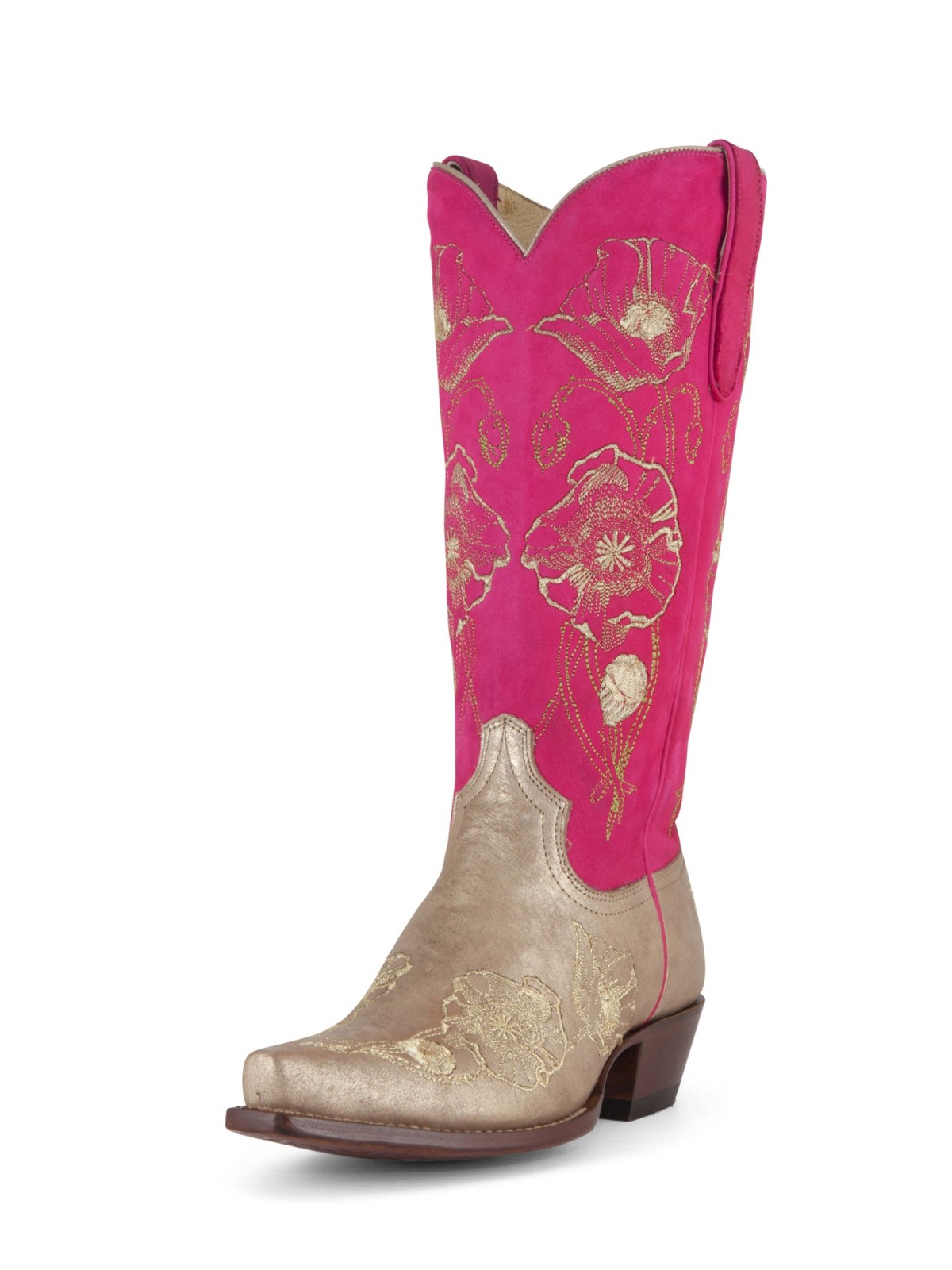 Contrast Pink And Metallic Rose Gold Snip-Toe Floral Embroidery Wide Mid Calf Cowgirl Boots