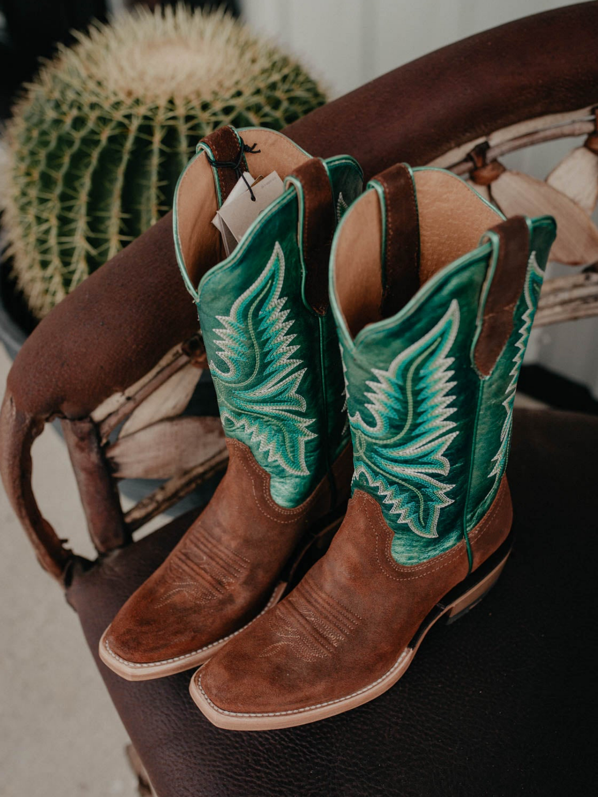 Contrast Brown And Green Square-Toe Embroidery Wide Mid Calf Cowgirl Boots