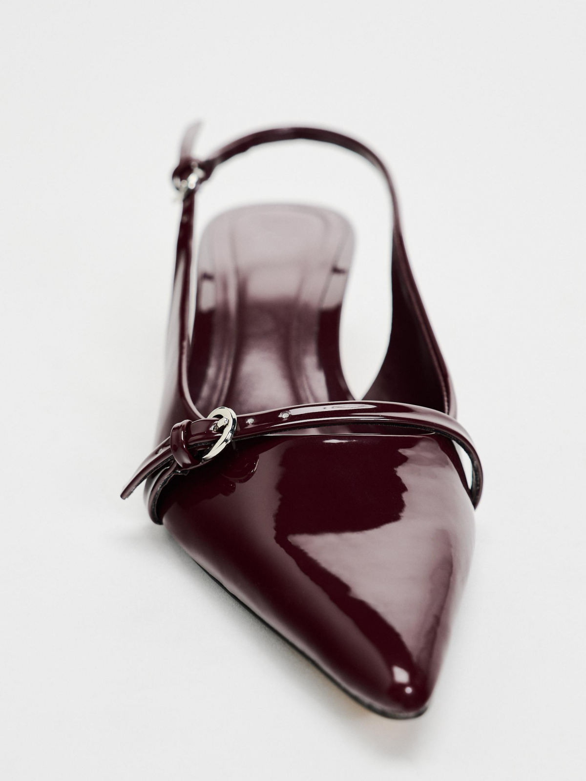 Patent Burgundy Pointed-Toe Front Strap With Buckle Slingback Kitten Heels