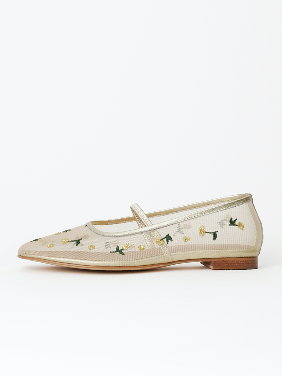 Metallic Light Gold Mesh Flats Mary Janes With Yellow Floral Embroidery