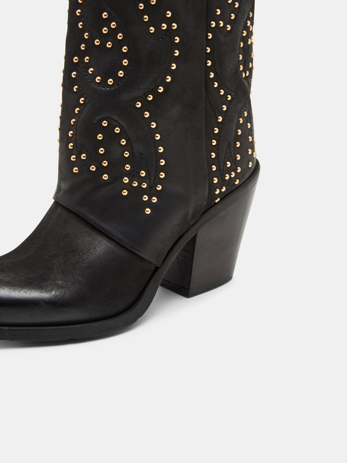 Black Pointed-Toe Classic Studded Padded Wide Mid Calf Cowgirl Boots