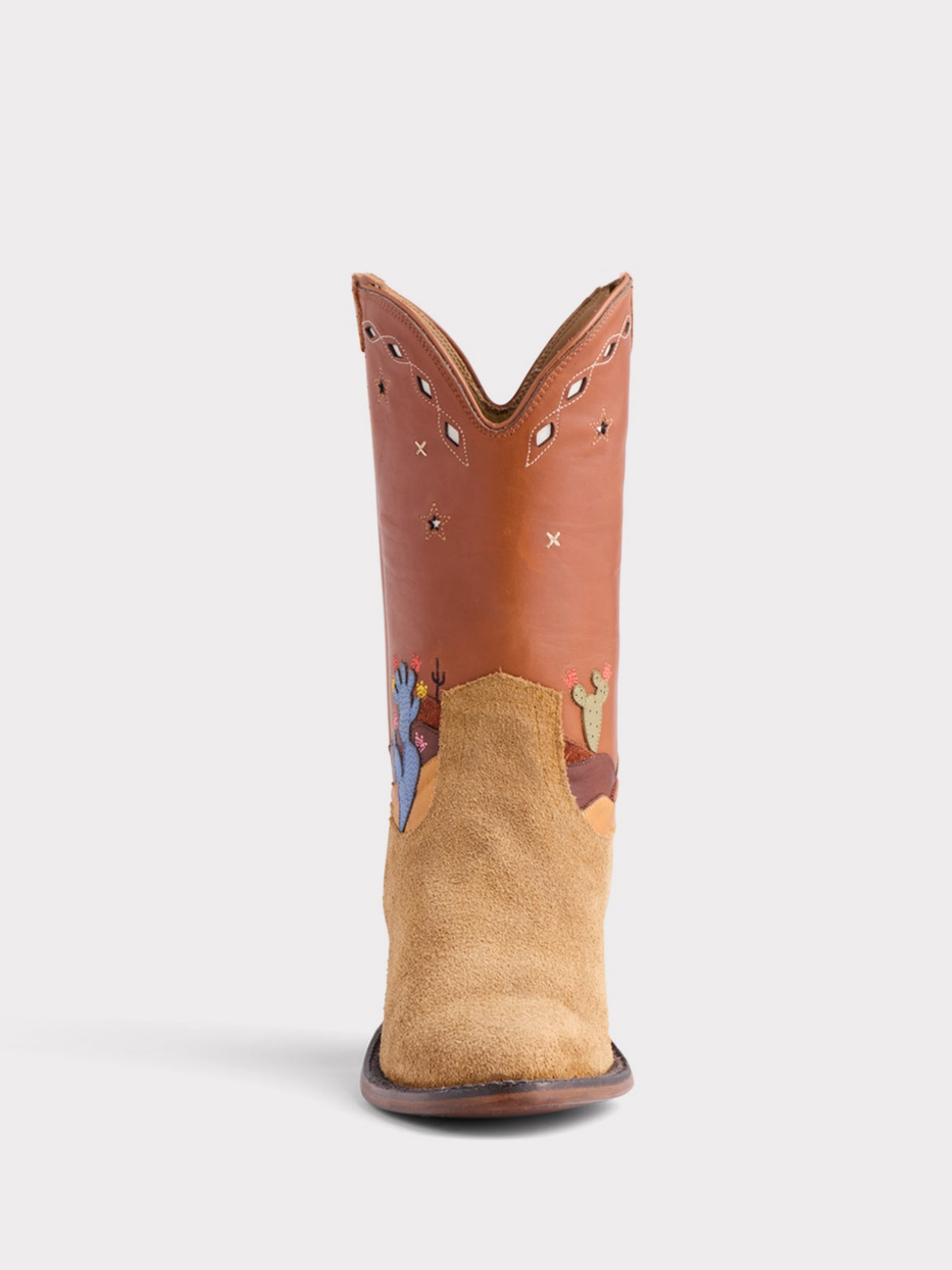 Sand Contrast Vegan Leather And Faux Suede Cactus Applique Moon Star Inlay Wide Mid Calf Cowgirl Boots