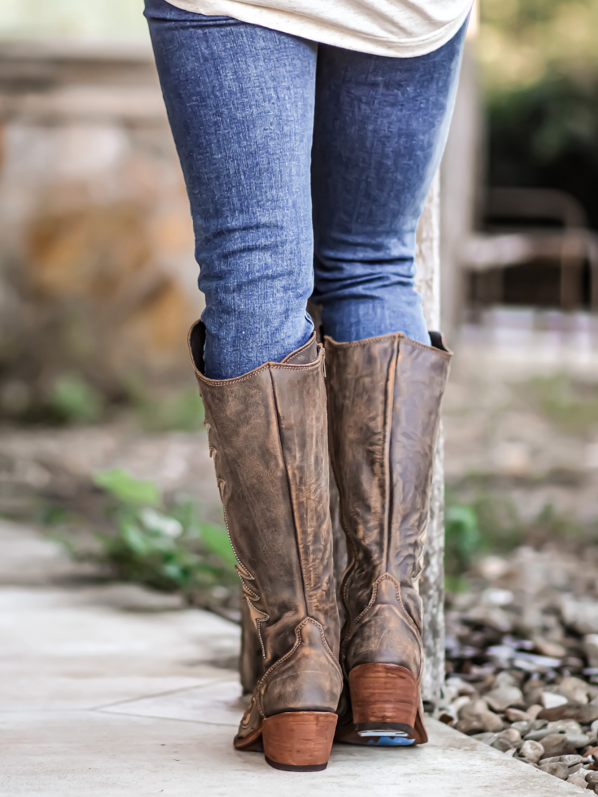 Distressed Brown Snip-Toe Inlay Lace Up Full-Zip Mid Calf Cowgirl Boots