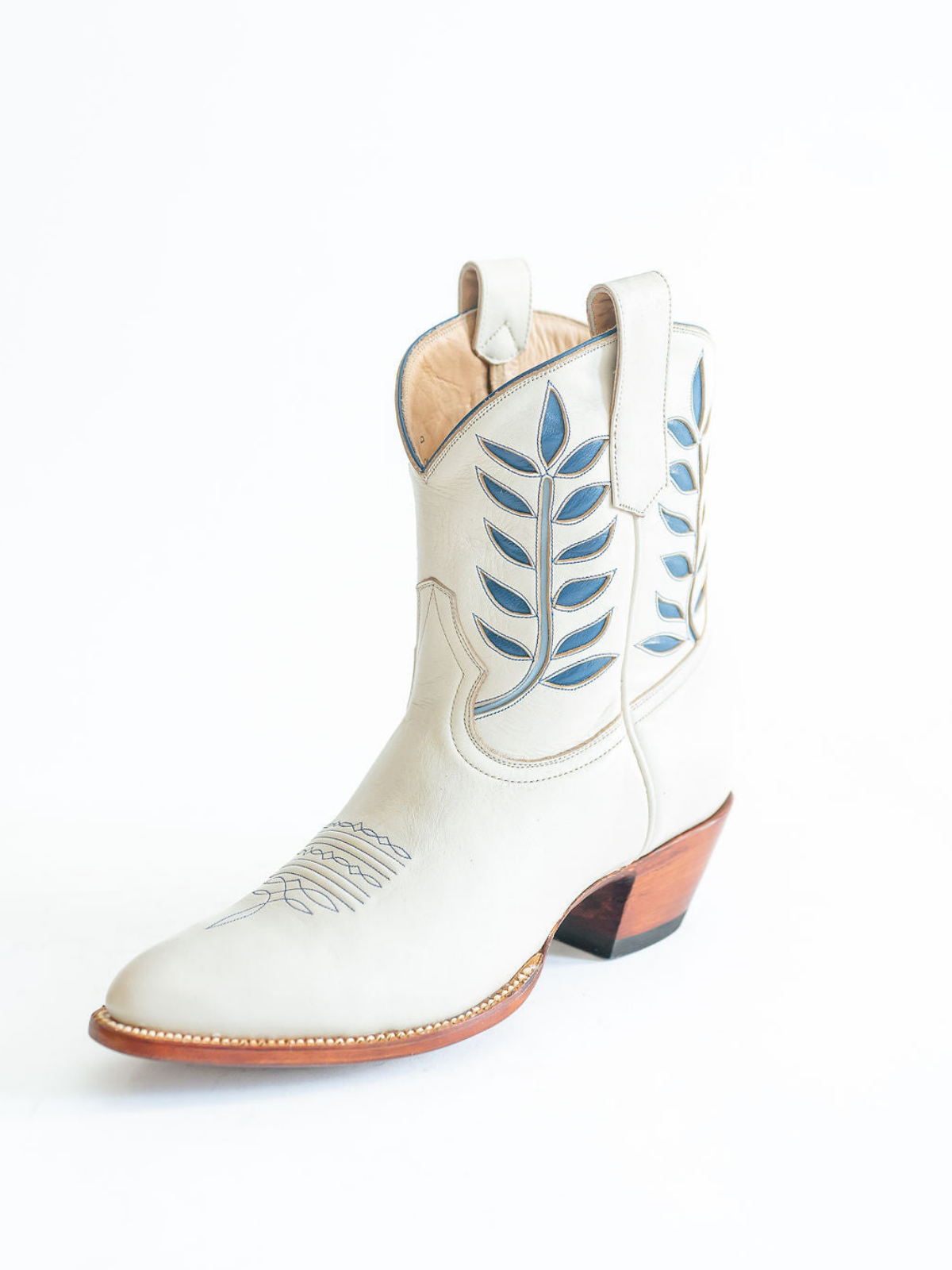 Ivory Almond-Toe Blue Leaves Inlay Wide Mid Calf Cowgirl Boots