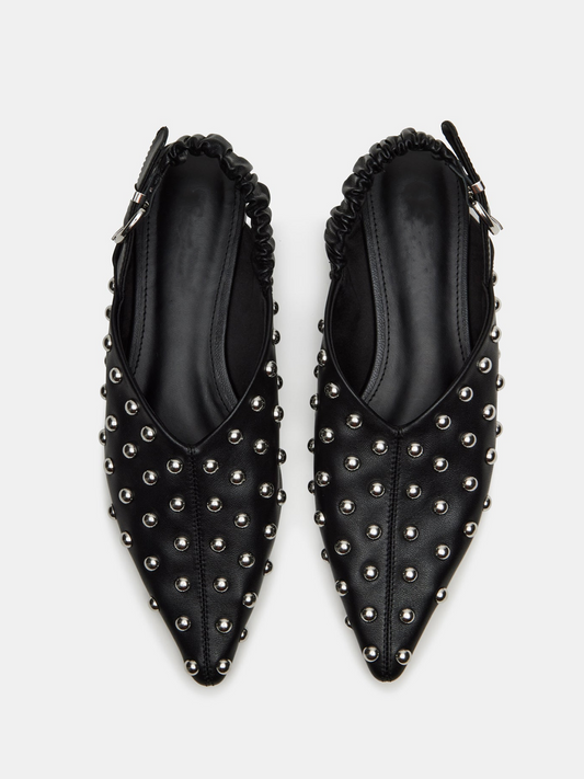 Black Pointed-Toe Studded Ruched Slingback Ballet Flats