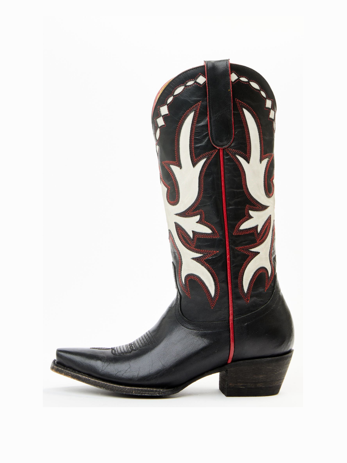 Black Snip-Toe Embroidery White Inlay Tall Wide Mid Calf Western Boots