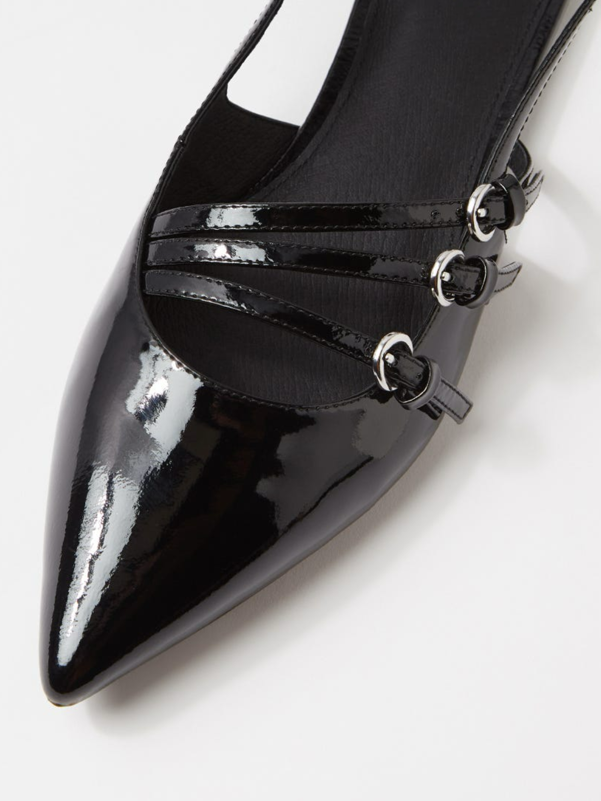 Black Patent Pointed-Toe Flats With Buckled Slingback