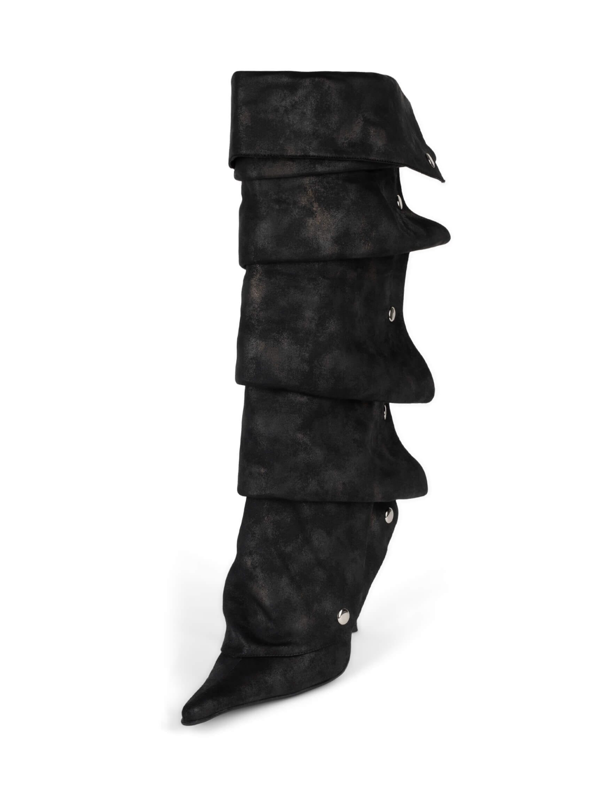 Distressed Black Pointed-Toe Mid Calf Full-Zip Stiletto Boots With Snap-Off Fold-Over Panel